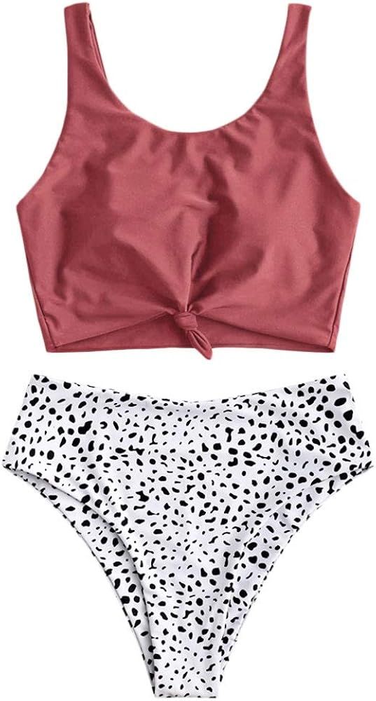 ZAFUL Women's High Waisted Bikini Scoop Neck Swimsuit Two Pieces Bathing Suit | Amazon (US)