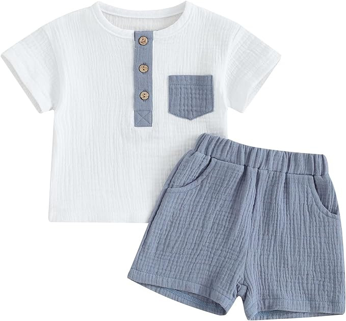 fhutpw Baby Boy Summer Outfits Henley Shirt Soft Pocket Short Sleeve Tops & Shorts Sets Infant 3 ... | Amazon (US)