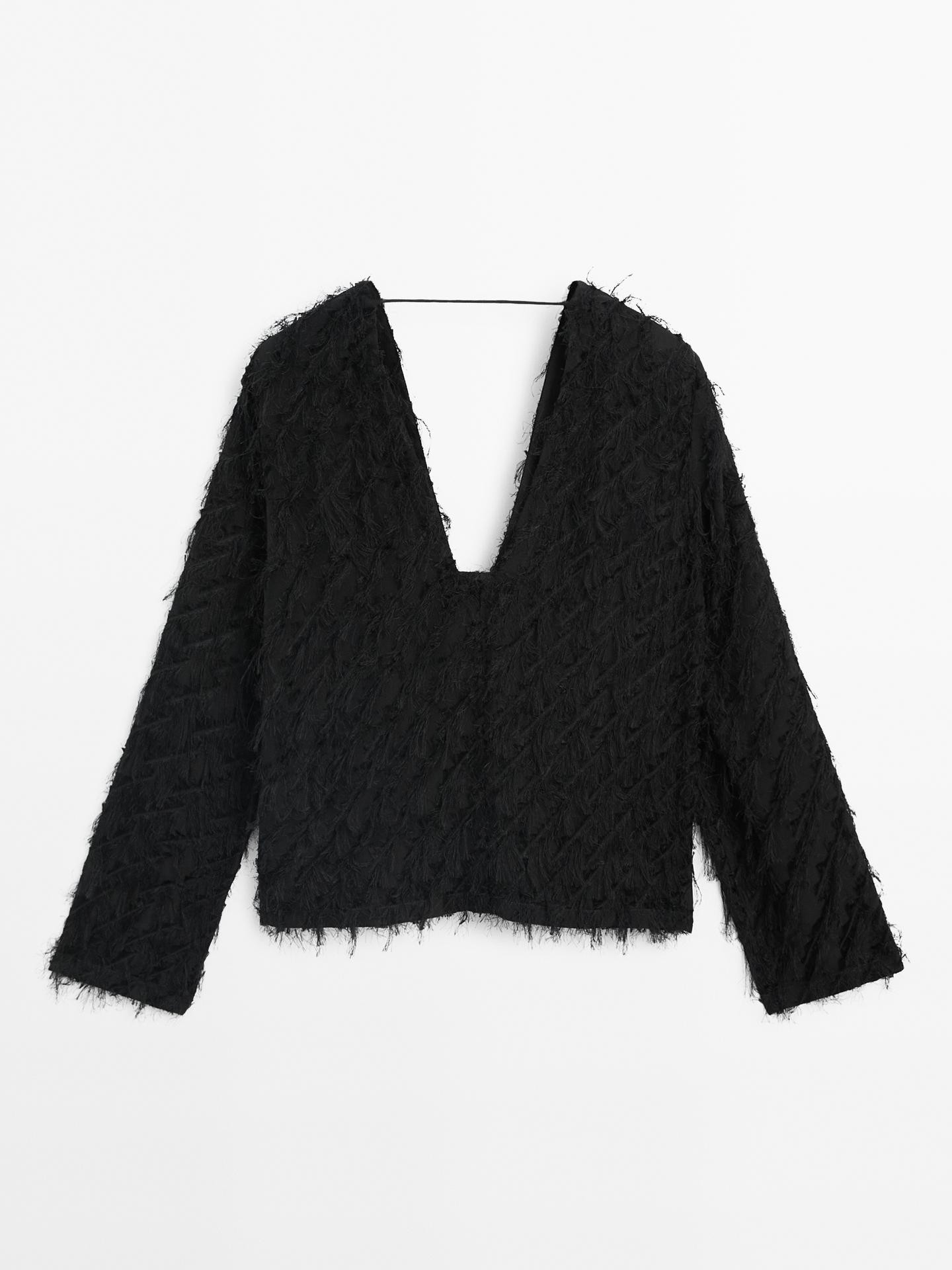 V-neck blouse with fringe detail | Massimo Dutti US