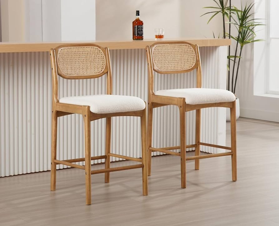 Rattan Bar Stools Set of 2 Upholstered Boucle Counter Stools Mid Century Modern Bar Chairs Wood C... | Amazon (US)