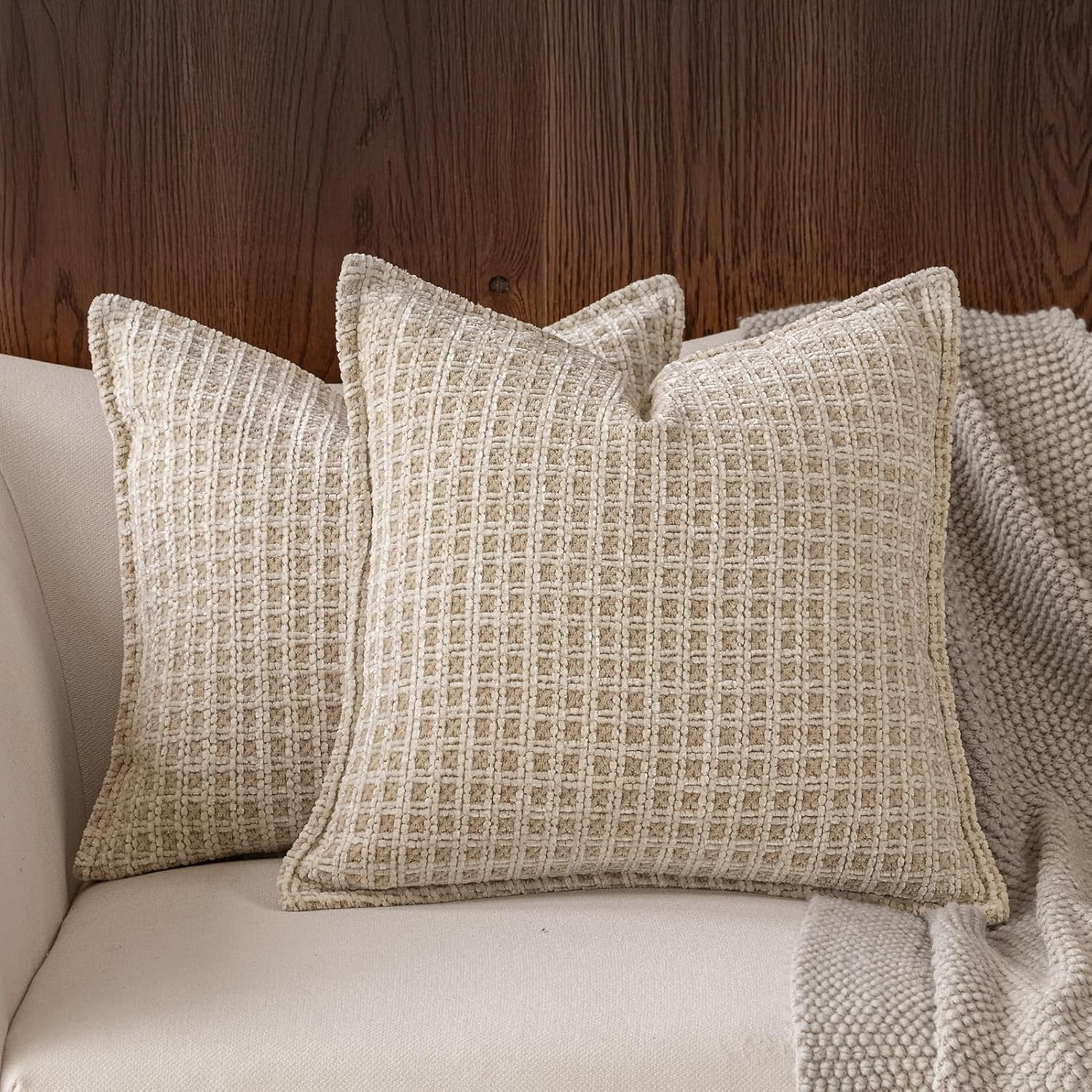 DWR 18x18 Decorative Throw Pillow Covers, Pack of 2 – Soft Woven Grid Texture with Cozy Chenill... | Amazon (US)