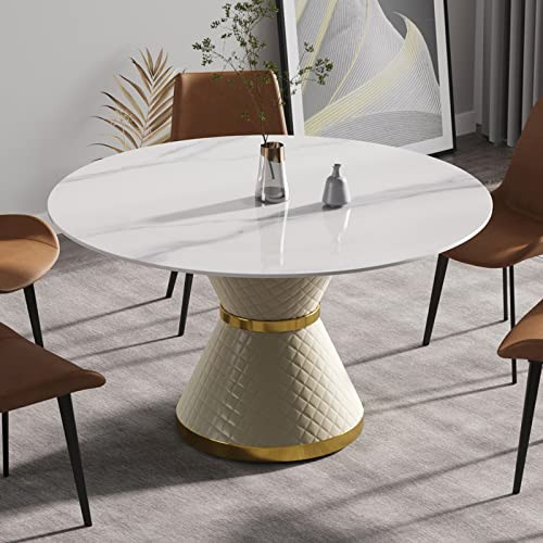 53" Round Dining Table, White Sintered Stone Tabletop and Carbon Steel Base, Modern Dining Room T... | Amazon (US)