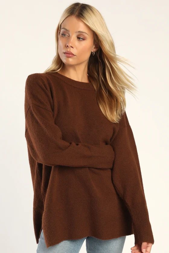 Autumn Allure Brown Crew Neck Oversized Pullover Sweater | Lulus (US)