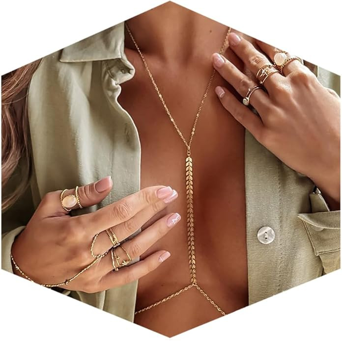 14K Gold Plated Body Chains for Women, Sexy Layered Belly Waist Chain Crossover Bikini Bra Chain,... | Amazon (US)