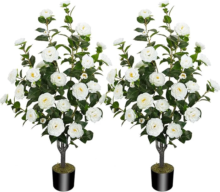 2 Pack 43.3"/3.6FT Artificial Camellia Tree Fake Outdoor Tree with 32 Blooming Flowers White Tree... | Amazon (US)