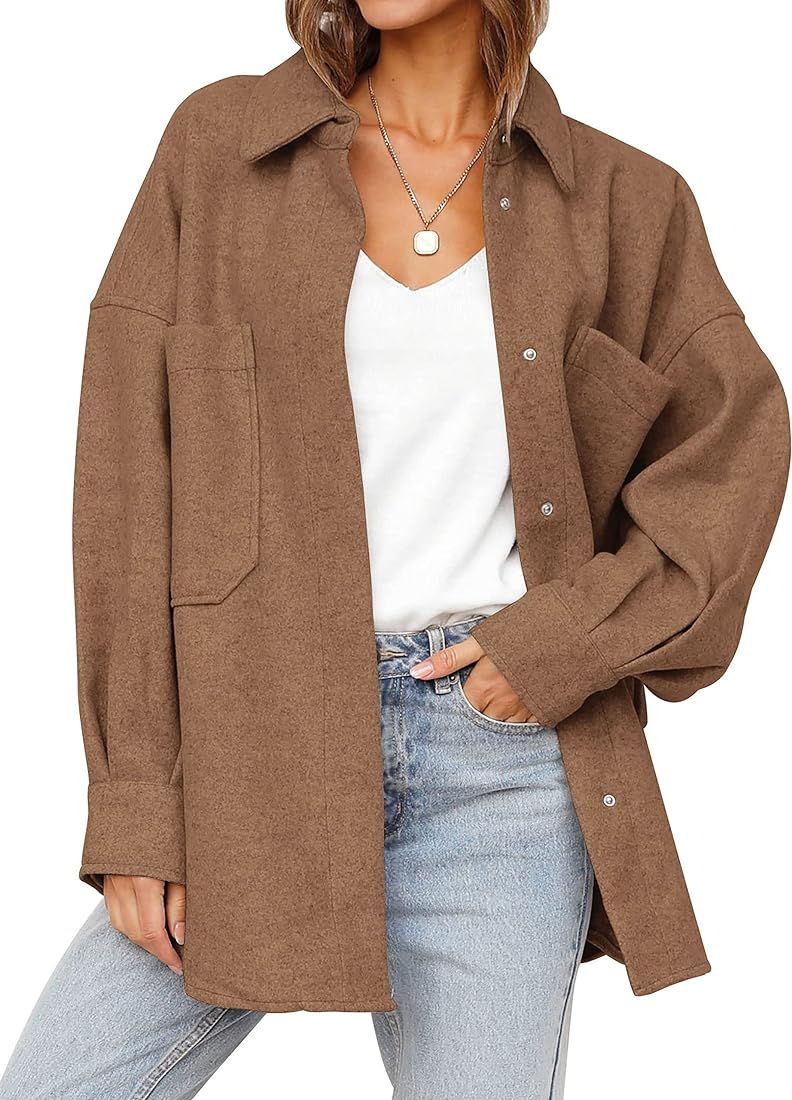 Women's 2023 Fall Oversized Long Sleeve Shacket Jacket Button Down Wool Blend Coats with Pockets | Amazon (US)