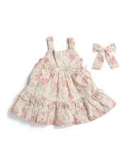 Infant Girls Strappy Floral And Ribbon Printed Dress With Hair Clip | TJ Maxx