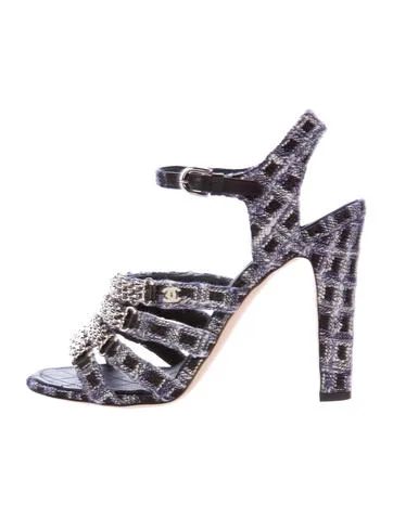 Chanel 2016 Chain Embellished Tweed Sandals | The Real Real, Inc.