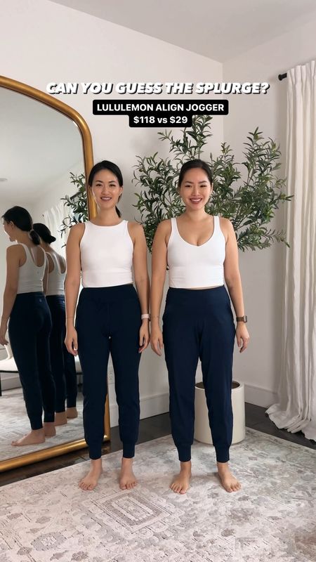 Lululemon Align jogger look for less from Amazon.

Lululemon (left) size - 4
Amazon (right) size - Small

OUR PICK: Amazon. Lulu's Align joggers always give us a bit of y toe and overall not a fan of the fit. The fit of the Amazon one is more like an actual jogger.

lululemon dupe, lululemon look for less, lululemon lookalike, athleisure, workout clothes, gym outfit, gym clothes, leggings, joggers, joggers amazon, womens joggers, joggers pants, workout outfit, gym fit, gym wear, amazon gym clothes, amazon workout clothes, lululemon amazon, lululemon joggers

#LTKfitness #LTKfindsunder50 #LTKVideo
