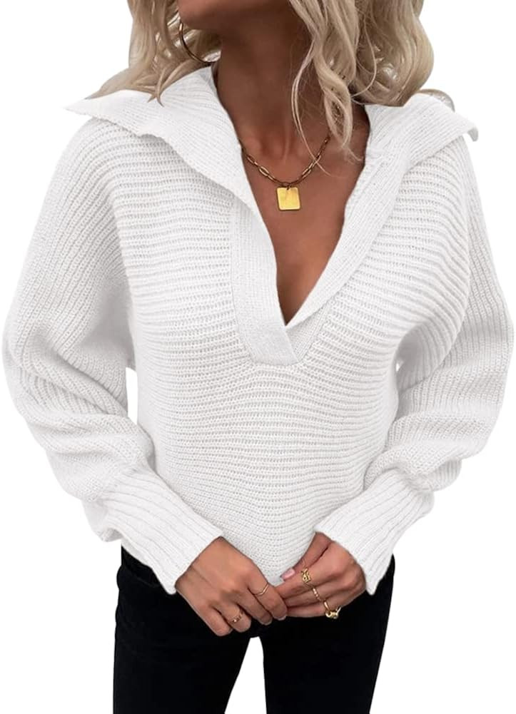 Womens V Neck Batwing Long Sleeve Pullover Sweaters Collared Lightweight Loose Casual Warm Ribbed... | Amazon (US)