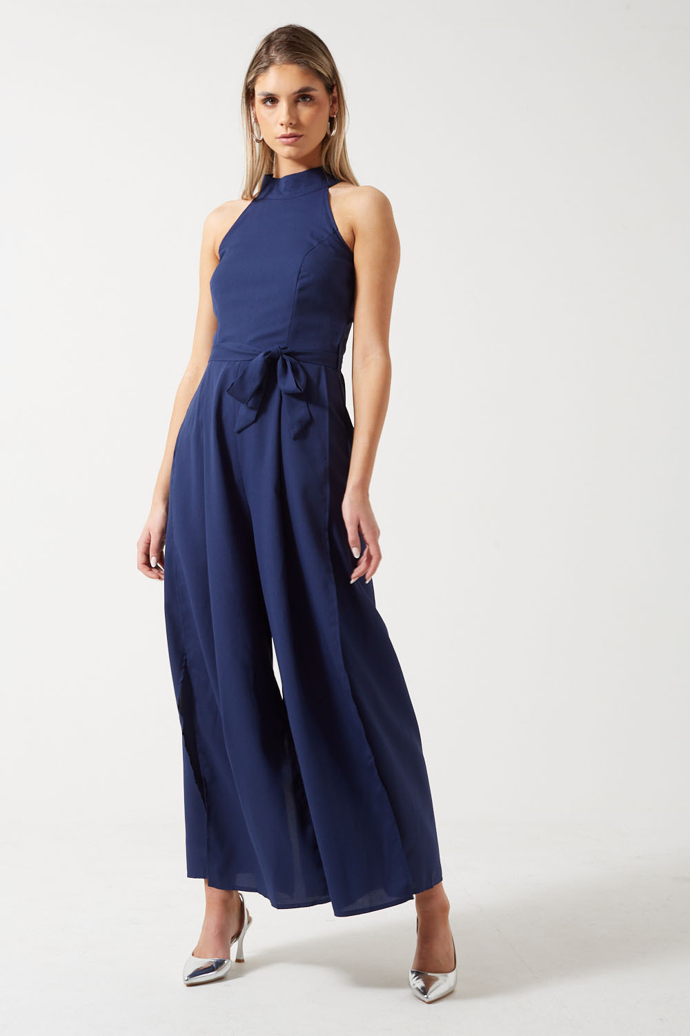 Karlie Halter Neck Belt and Tie at Back Jumpsuit in Navy | iCLOTHING