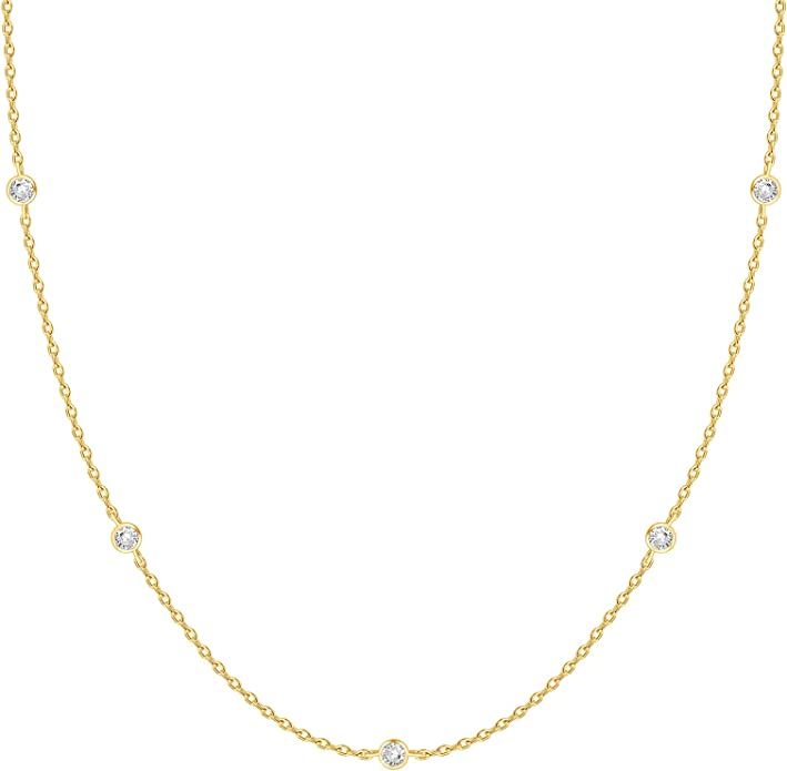 PAVOI 14K White Gold Plated Station Necklace | Simulated Diamond BTY Necklace | Womens CZ Chain N... | Amazon (US)