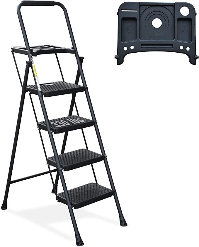 4 Step Ladder, HBTower Folding Step Stool with Tool Platform, Wide Anti-Slip Pedal, Sturdy Steel ... | Amazon (US)