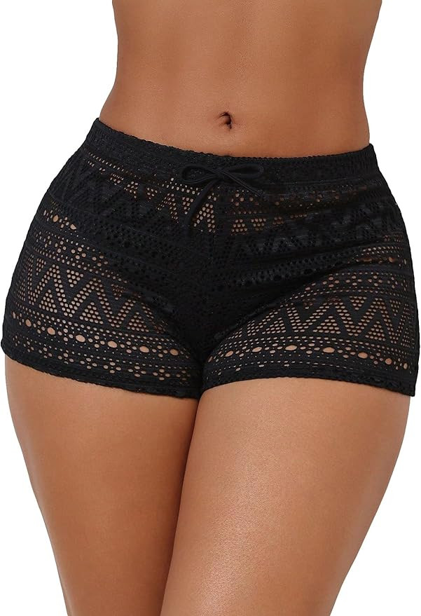 SHENHE Women's Sheer Hollow Out Swim Cover Up Shorts Tie Front Boho Beach Shorts Coverup | Amazon (US)
