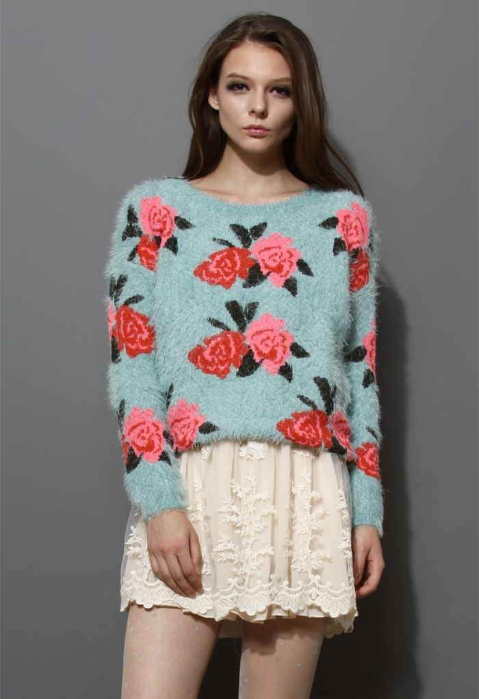 Floral Print Fluffy Sweater in Blue | Chicwish