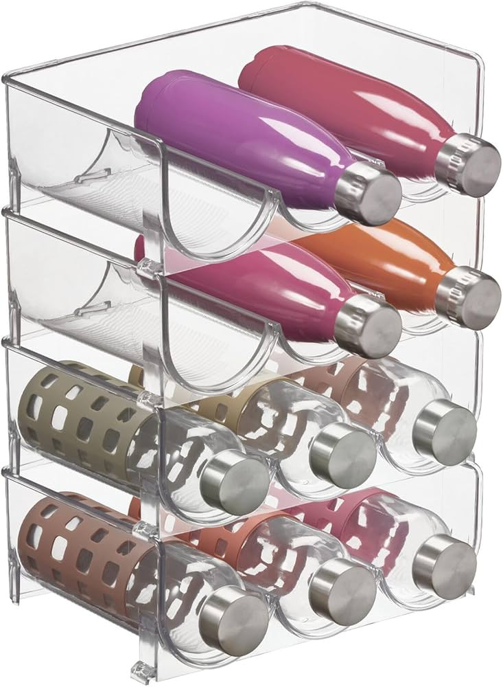 mDesign Plastic Free-Standing Stackable 3 Bottle Storage Holder Rack - Water, Wine, and Drink Organizer Shelf for Kitchen Countertop, Cabinet, Pantry, Fridge, Freezer, 4 Pack - Clear | Amazon (US)