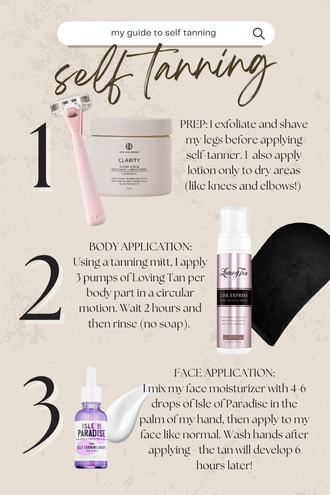 My guide to self tanning! 
skin and senses sugar scrub, Athena club razor, Loving tan 2 hour express, loving tan tanning mit, Isle of Paradise tanning drops 

#LTKSeasonal #LTKbeauty #LTKunder100