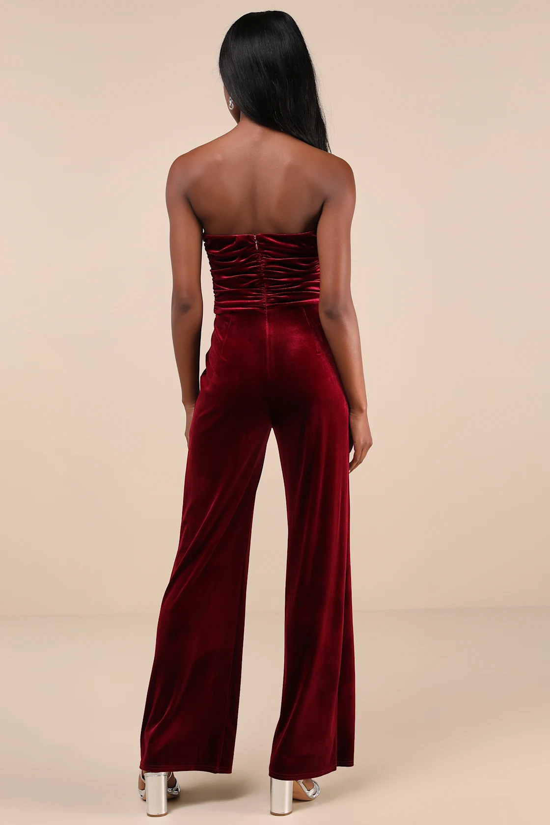 Fabulous Instinct Burgundy Velvet Pearl Strapless Jumpsuit | Lulus