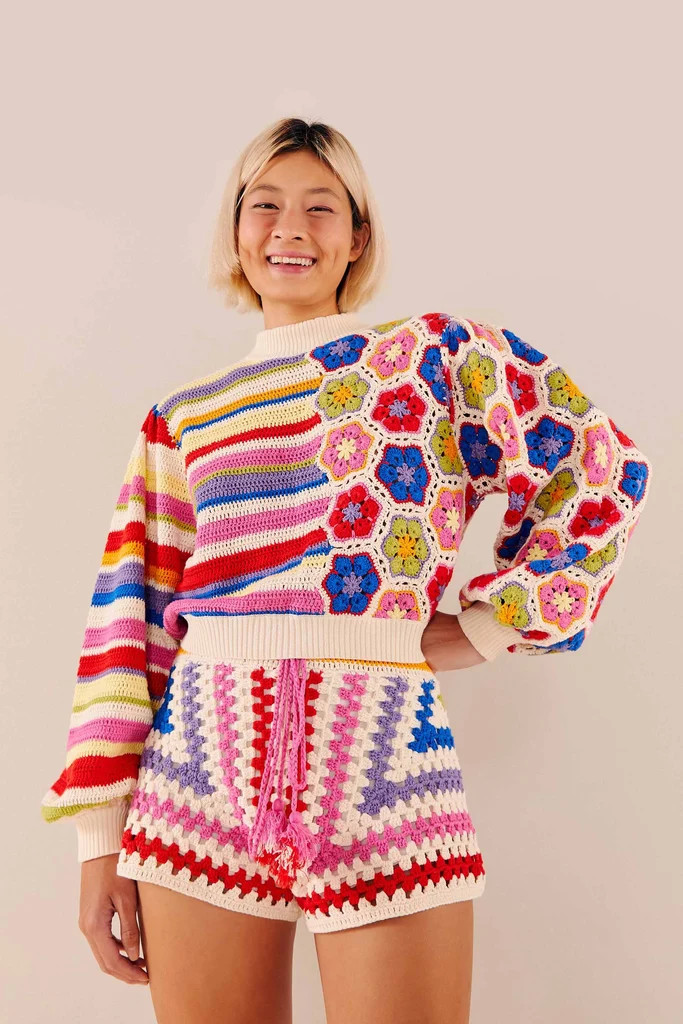 rainbow crochet squares sweater | FarmRio (US)