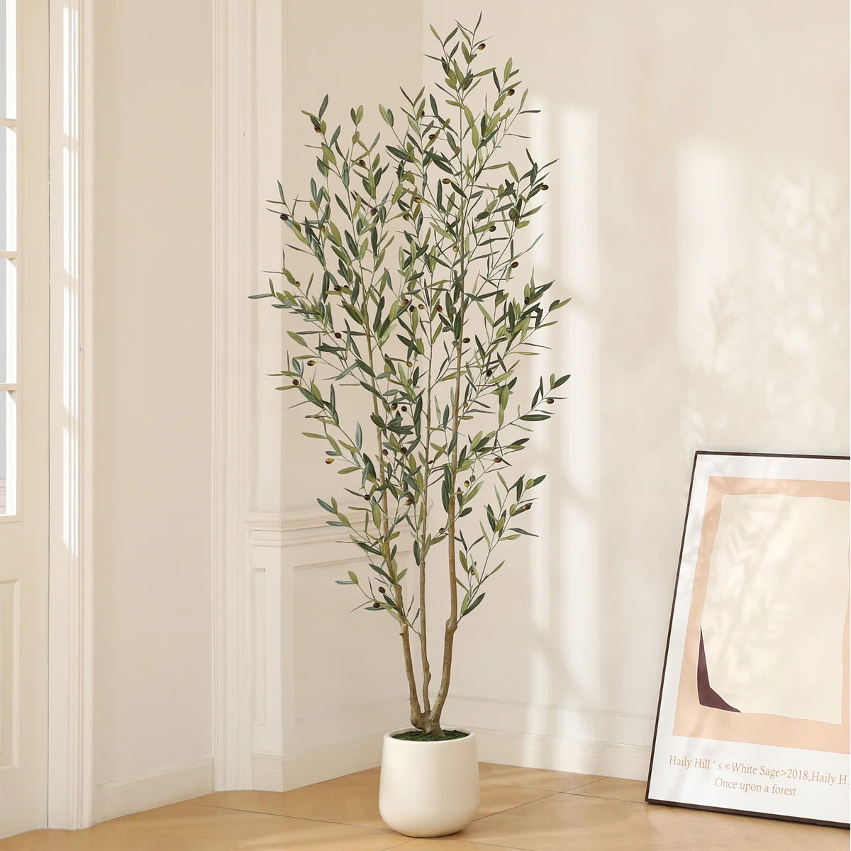 AdcockFaux Olive Tree with Round White Planter, Pre Potted Fake Greenry Olive Plant for Home Deco... | Wayfair North America