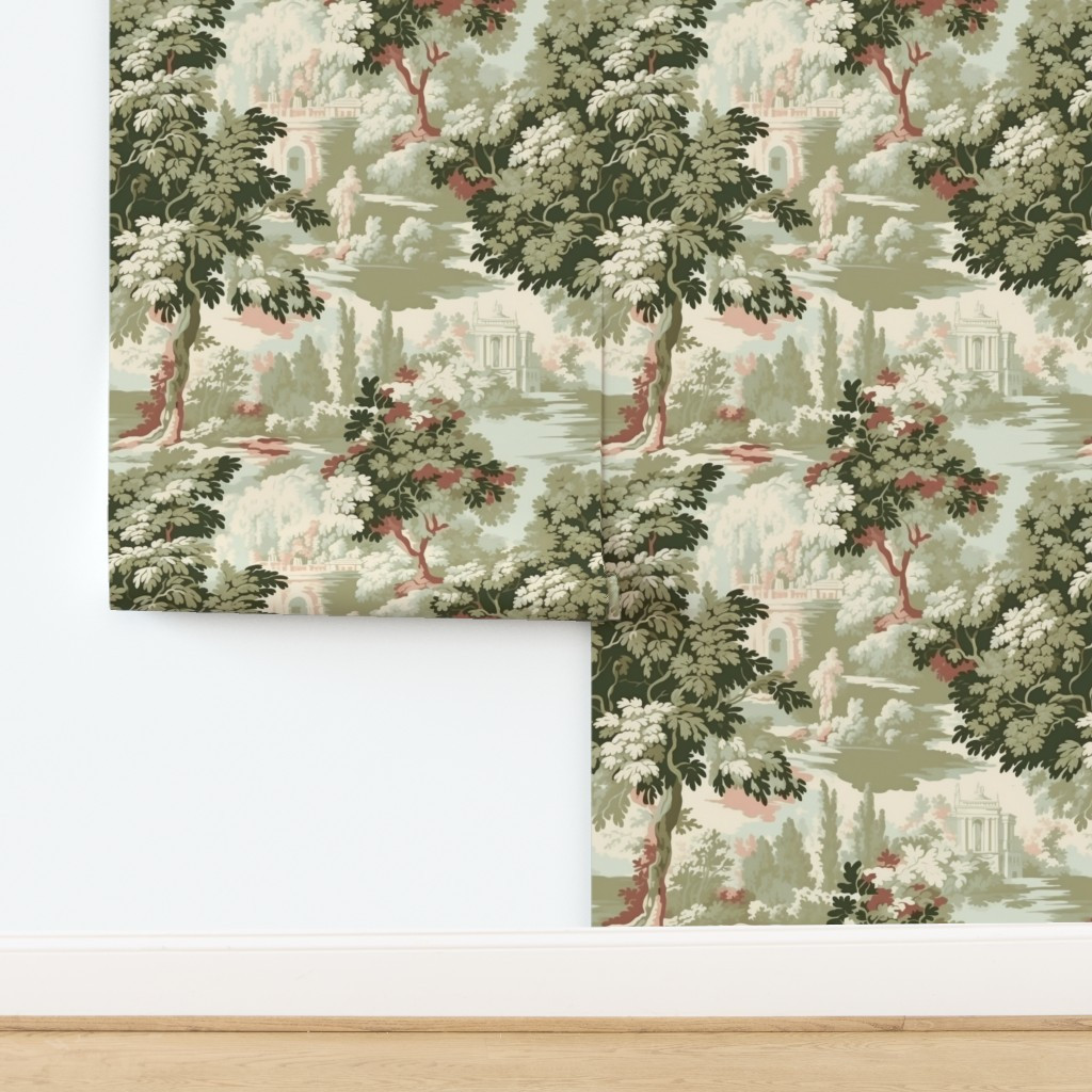 Chinoiserie Vintage multi color nature green yellow red orange teal green Wallpaper | Spoonflower | Spoonflower