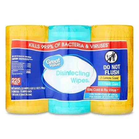 Great Value Disinfecting Wipes, Lemon and Fresh Scent, 225 Count, 3 Pack | Walmart (US)