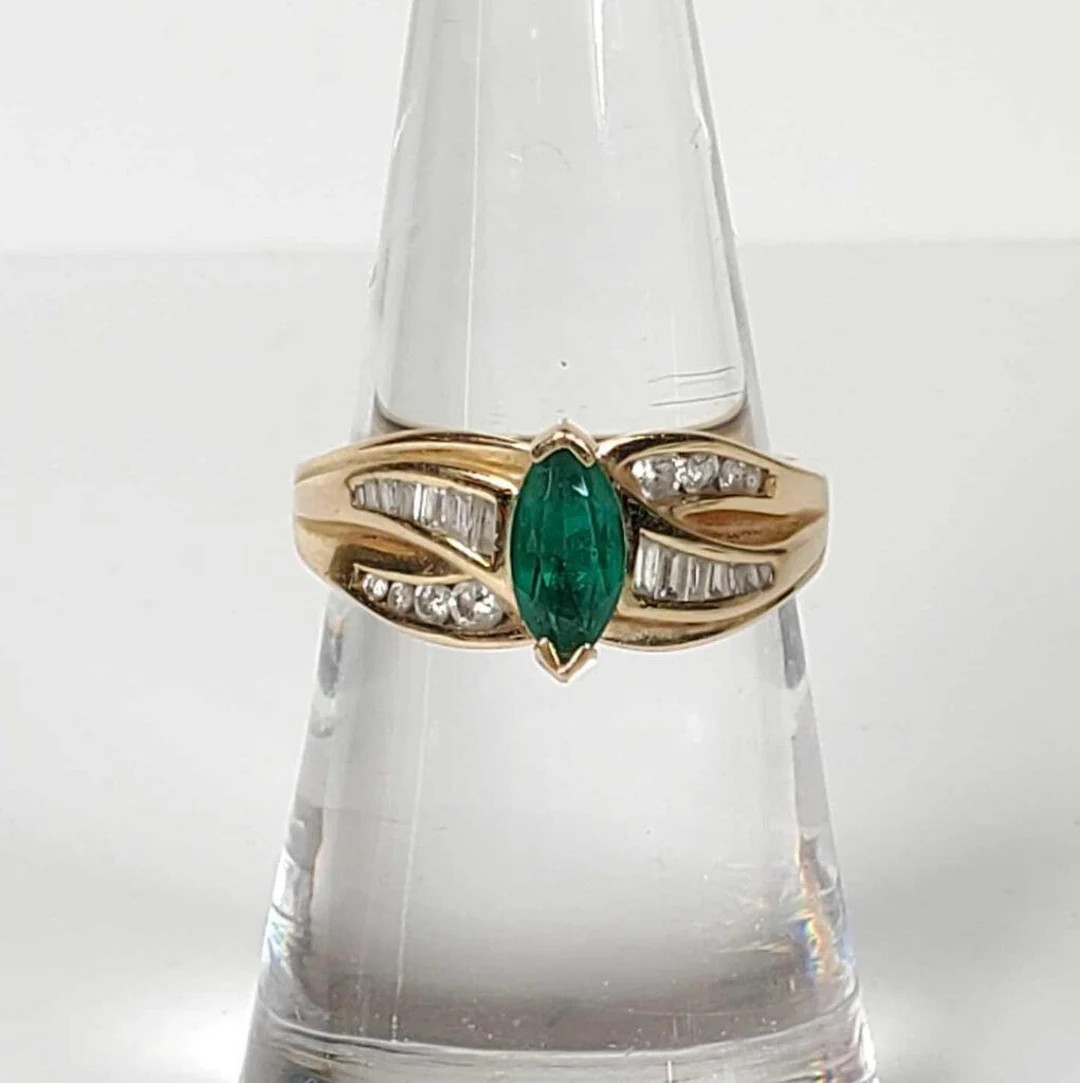 14k Yellow Gold Marquis Emerald and Diamond Ring Size 6 | Etsy (US)