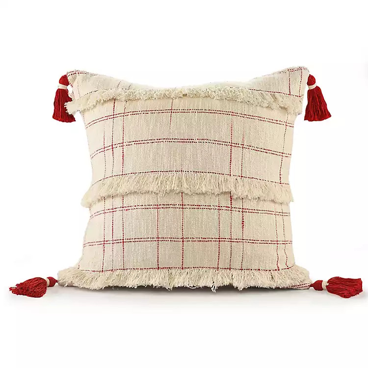 Ivory Red Plaid Fringe Tassels Christmas Pillow | Kirkland's Home