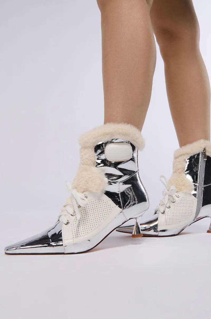 AZALEA WANG CONTESSA SILVER CHROME BOOTIE WITH FUR TRIM | AKIRA