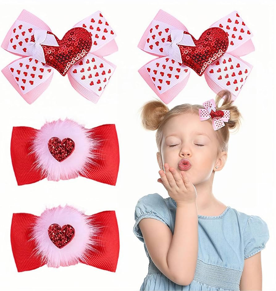 Valentines Day Hair Bows for Girls, 4pcs Red Sequin Heart Hair Clips, Baby Hair Accessories Allig... | Amazon (US)