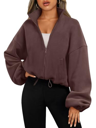 AUTOMET Womens Fleece Jackets Zip Up Oversized Sweatshirts Winter Clothes Long Sleeve Crop Sherpa Fall Outfits Fashion Brown XL | Amazon (US)