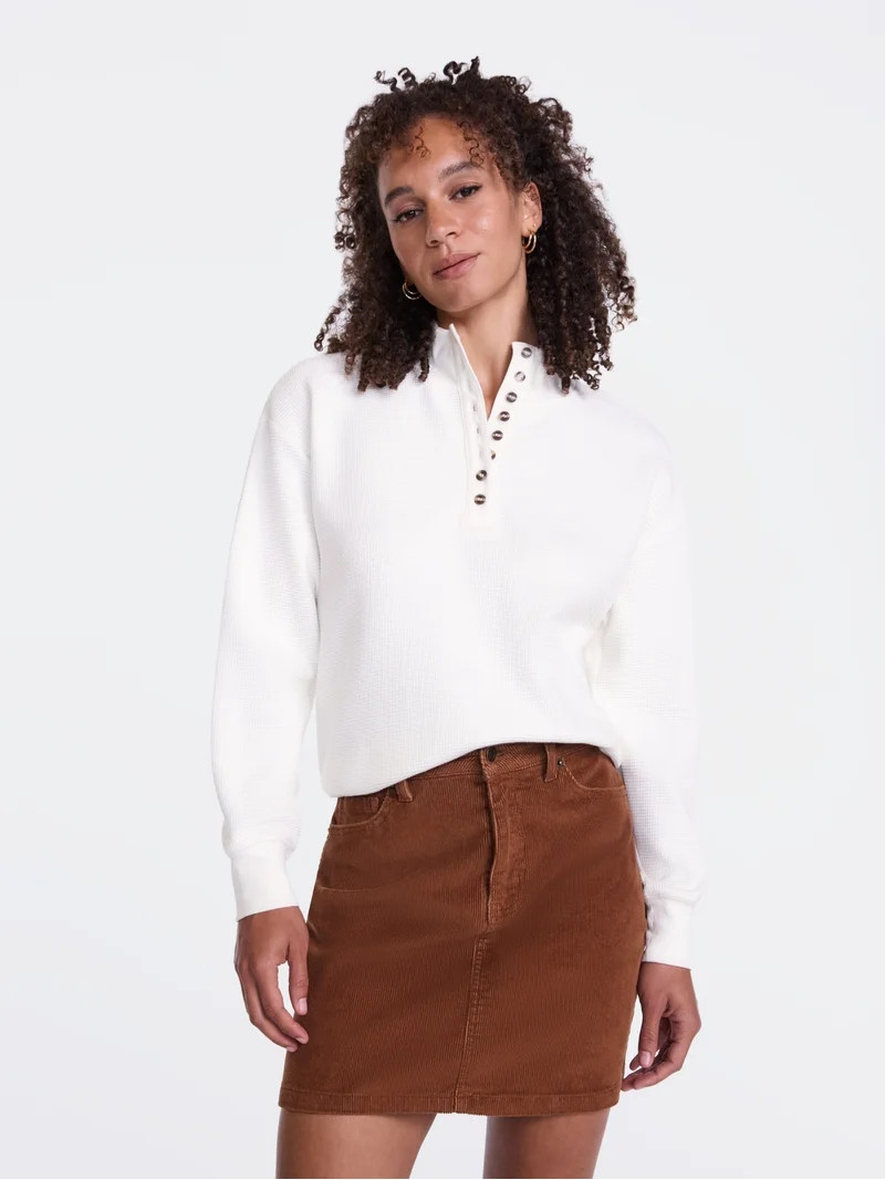 Scenario Women's and Women's Plus Waffle Knit Button Top with Long Sleeves, Sizes XS-4X | Walmart (US)