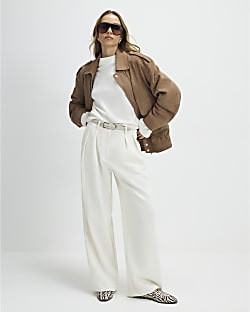 Cream Belted Wide Leg Trousers | River Island UK & IE