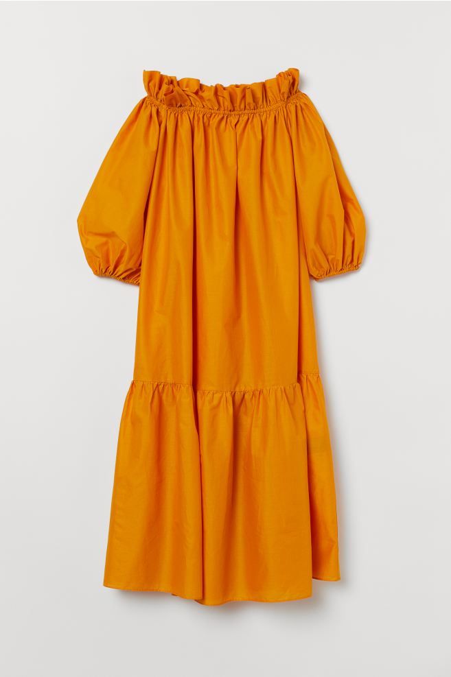 Voluminous, calf-length, dress in woven cotton fabric. Elasticized, off-the-shoulder top edge wit... | H&M (US + CA)