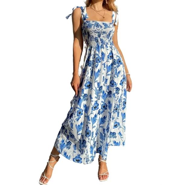 Boho Floral Straps Cami Blue and White (Women's Dresses) | Walmart (US)