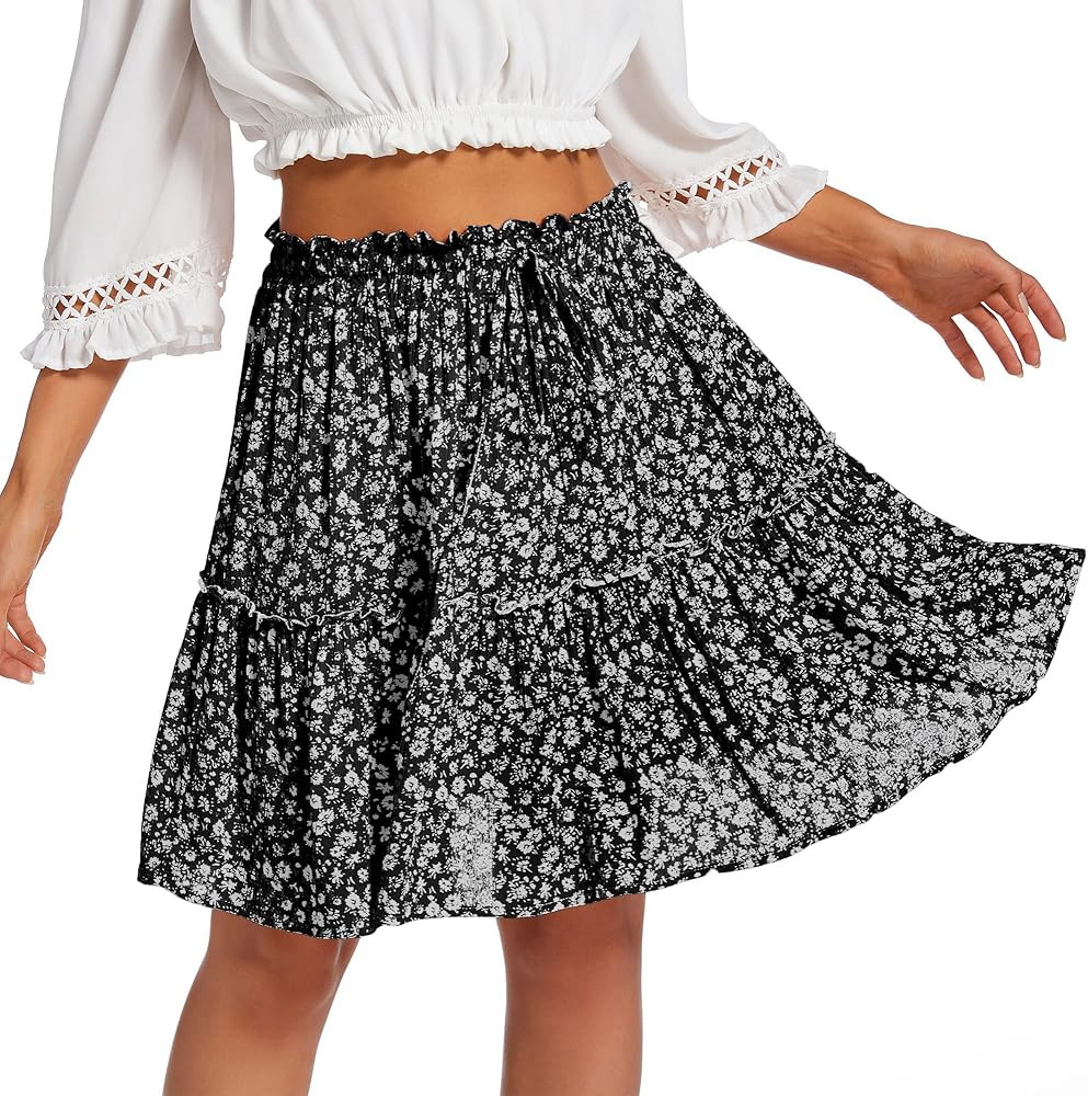 BSXIJIE Women’s Mini Skirt High Waist Ruffle Floral Print Skirt with Drawstring for Summer Beach Boh | Amazon (US)