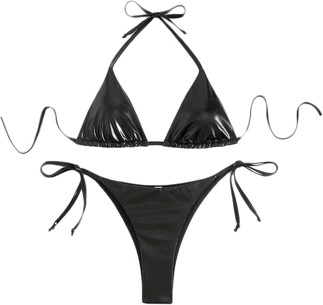 Women's Metallic Shiny Bathing Suit High Waisted Triangle Tie Side Swimsuit Bikini Set | Amazon (US)