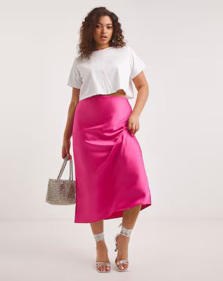 Hot Pink Elasticated Waist Stretch Satin Midi Skirt | Simply Be (UK)