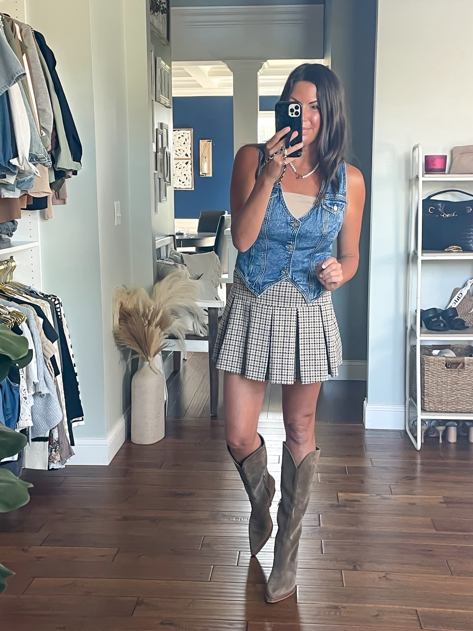 AE sale 
Fall outfit- denim vest, plaid skirt, western boots 

#LTKSaleAlert #LTKFallSale #LTKOver40