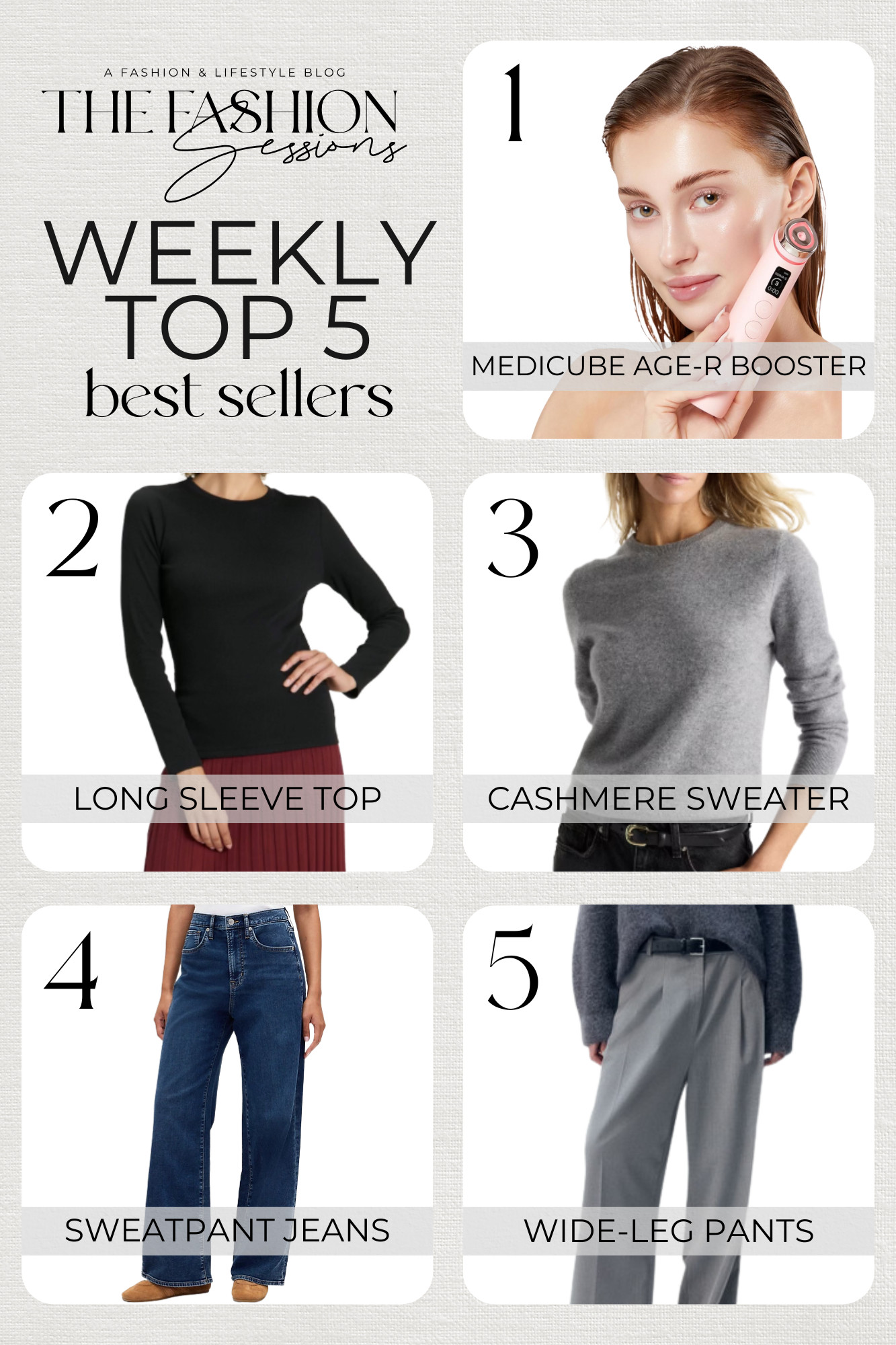Last week's most-loved finds!

1. medicube Age-R Booster Pro Pink | 6-in-1 Real Glass Glow Beauty Massager | Looking Glass Skin | Korean Skin Care
2. A New Day Women's Slim Fit Long Sleeve Top
3. Mongolian Cashmere Crewneck Sweater- The $50 cashmere
4. Gap Factory High-Rise Wide Leg Sweatpant Jeans
5. H&M Wide-Leg Pants
winter outfit | comfy outfit | casual outfit | skin care | anti-aging 

 #LTKSeasonal #LTKOver40 #LTKFindsUnder50