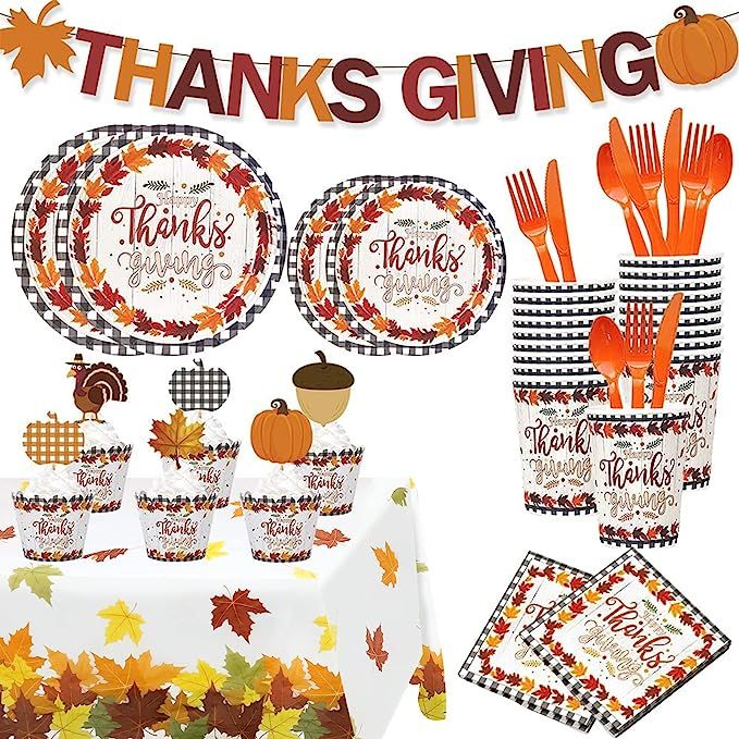 138 PCs Thanksgiving Party Supplies Tableware Set, Thanksgiving paper plate and napkins set for 1... | Amazon (US)