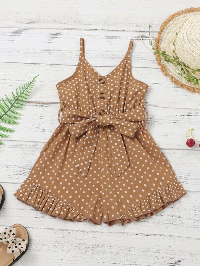 Toddler Girls Polka Dot Ruffle Hem Cami Romper | SHEIN