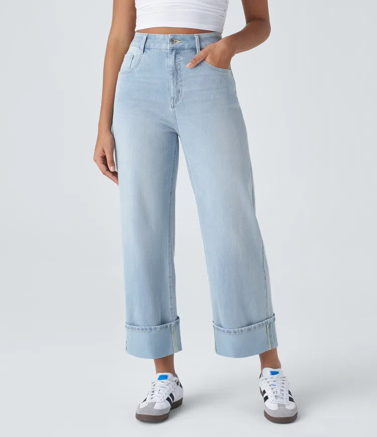 Women’s Halara Flex™ High Waisted Multiple Pockets Rolled Hem Wide Leg Washed Stretchy Knit C... | HALARA