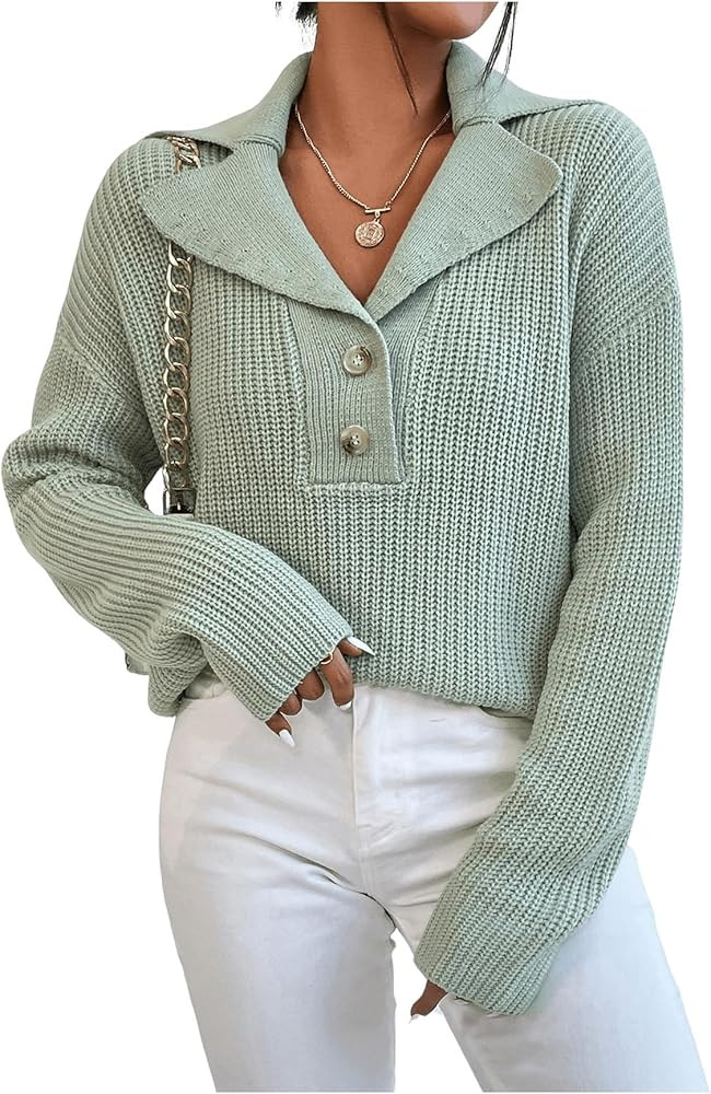 MakeMeChic Women's Button Down Sweater Long Sleeve Lapel Neck Knitted Pullover Tops | Amazon (US)