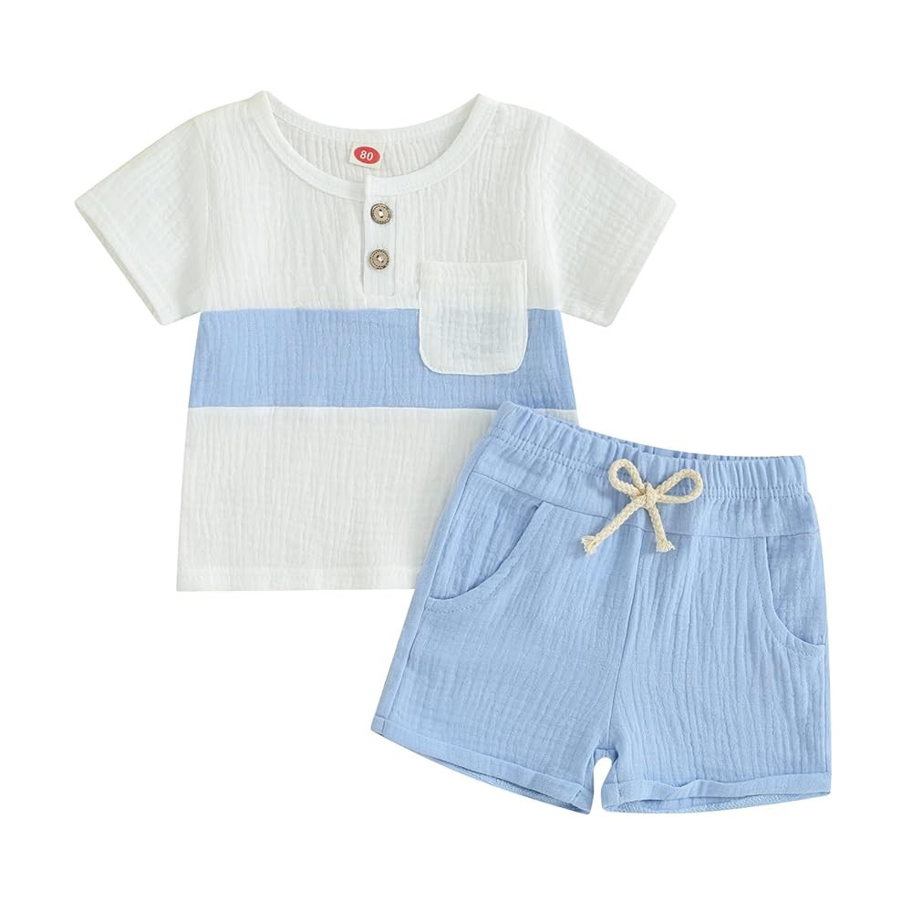 Kupretty Baby Boy Summer Clothes Toddler Outfit Linen Short Sleeve Button T-Shirt Tees + Shorts I... | Amazon (US)