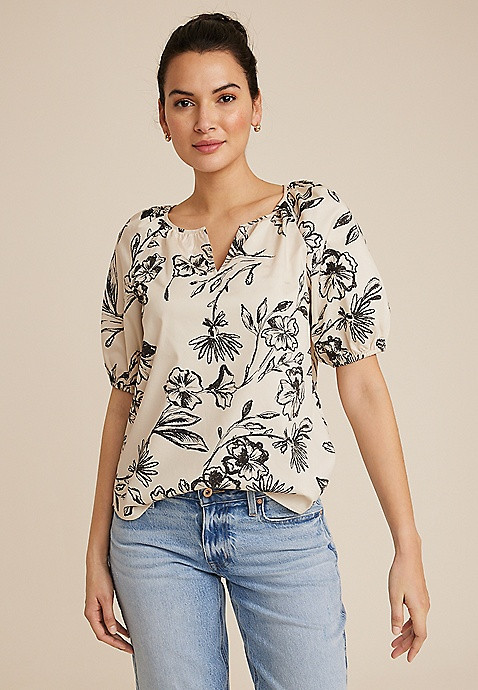 Floral Puff Sleeve Poplin Blouse | Maurices