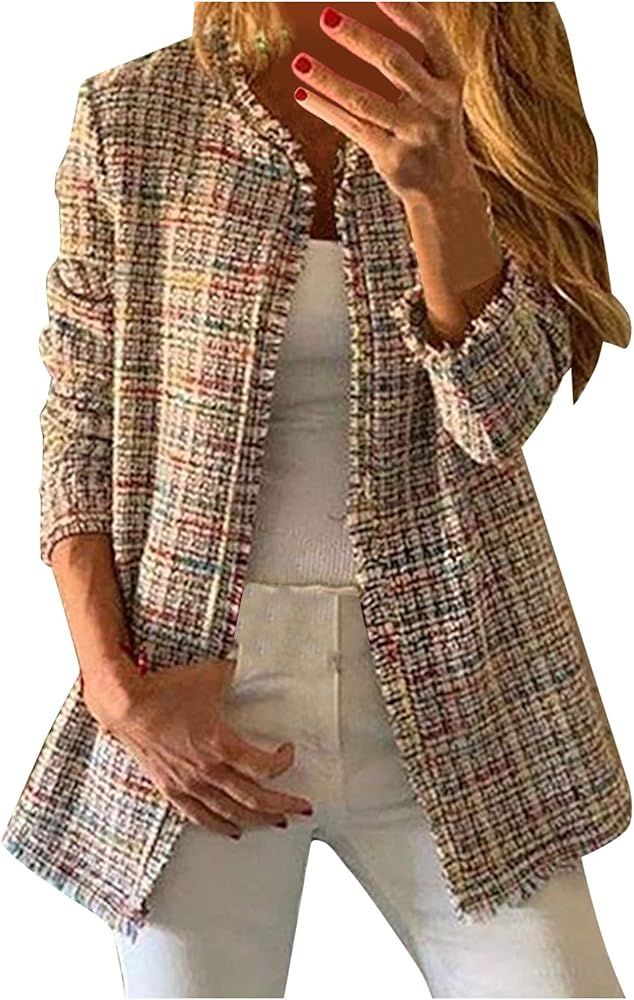 Women Rainbow Tweed Plaid Tassel Jacket Outerwear Cardigan Overcoat Coat | Amazon (US)