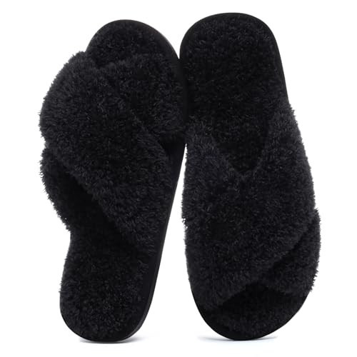 Evshine Women's Fuzzy Slippers Cross Band Memory Foam House Slippers Open Toe, Cherry Velvet Black, 280 (Size 8.5-9.5) | Amazon (US)