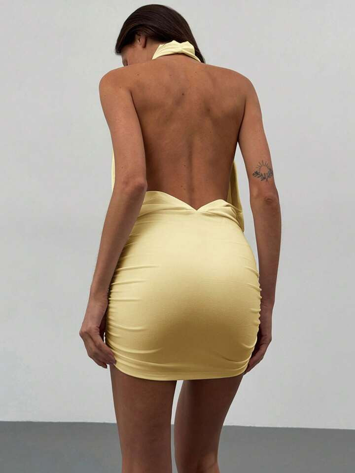 Aloruh Minimalist Commuting Young Woman Vintage Halter Backless Deep Draped Neck Bodycon Dress, W... | SHEIN