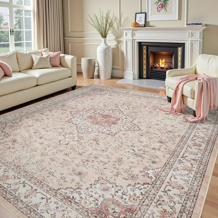 SIXHOME 5x7 Feet Washable Non-Slip Area Rug - Traditional Distressed Vintage Pink Rug with Retro ... | Walmart (US)